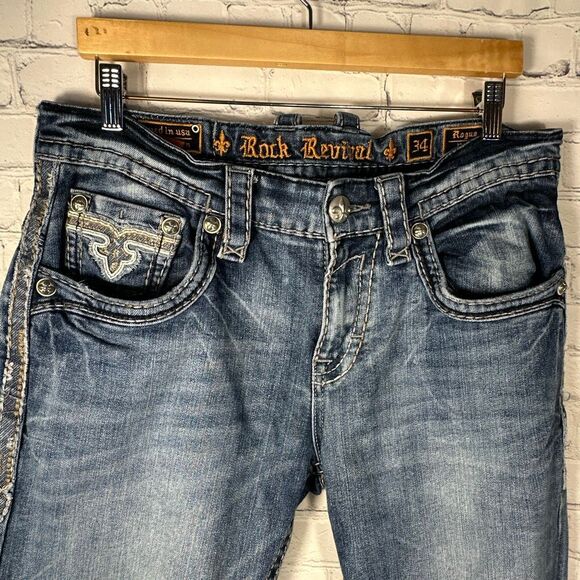 Rock Revival Jeans Mens 34 Blue Rogue Boot Embellished Denim Stretch - Picture 6 of 15